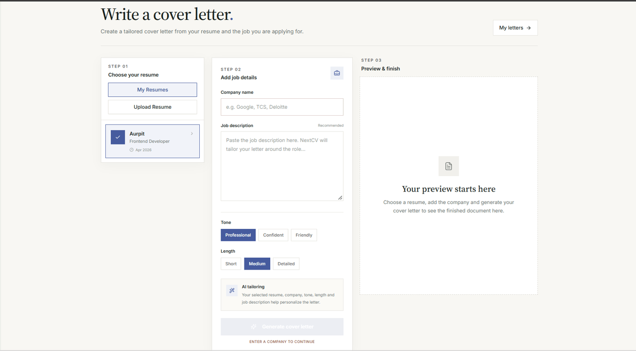NextCV AI Cover Letter preview and editor
