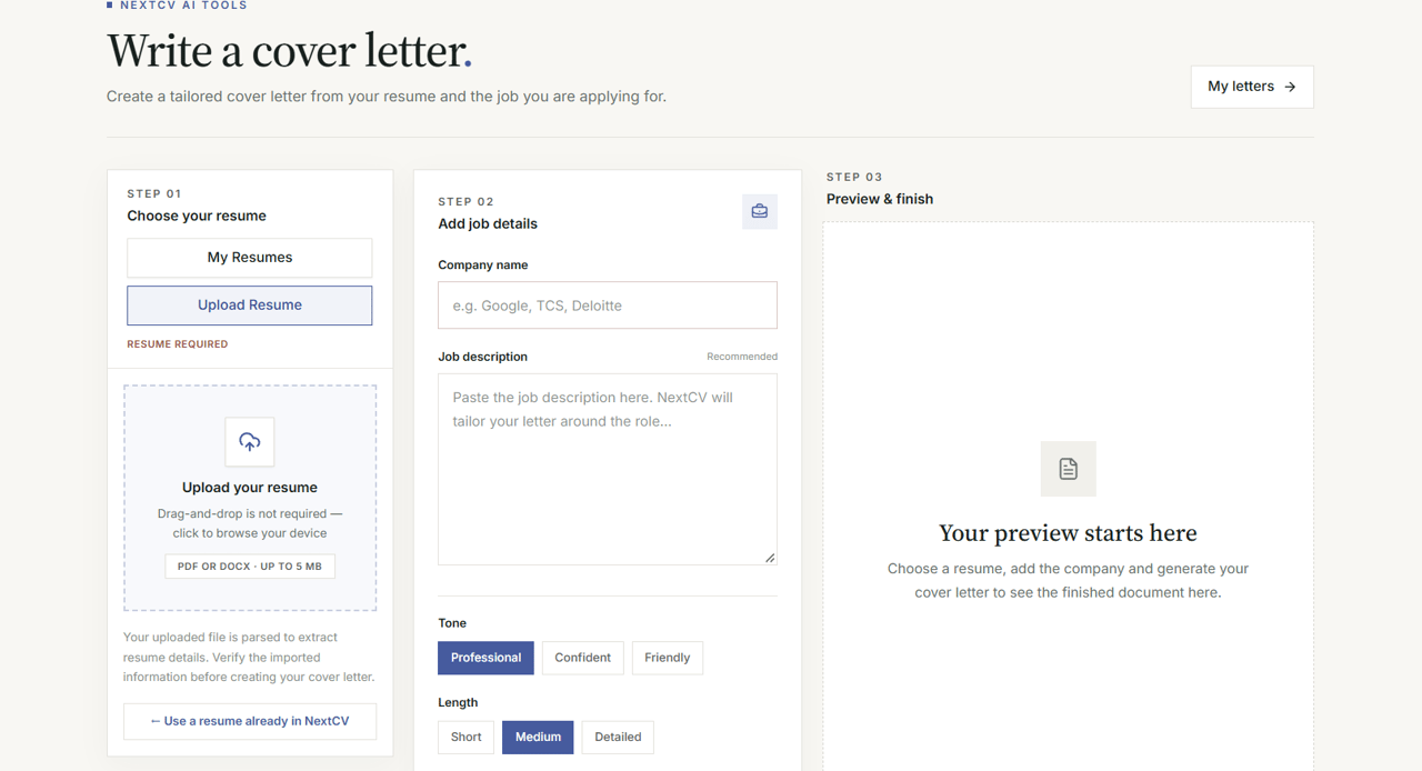 NextCV Cover letter input section with resume selector