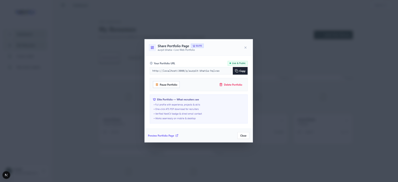 NextCV portfolio creation experience using resume information