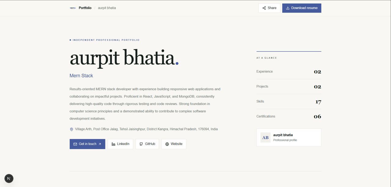 Preview of a published NextCV personal portfolio website