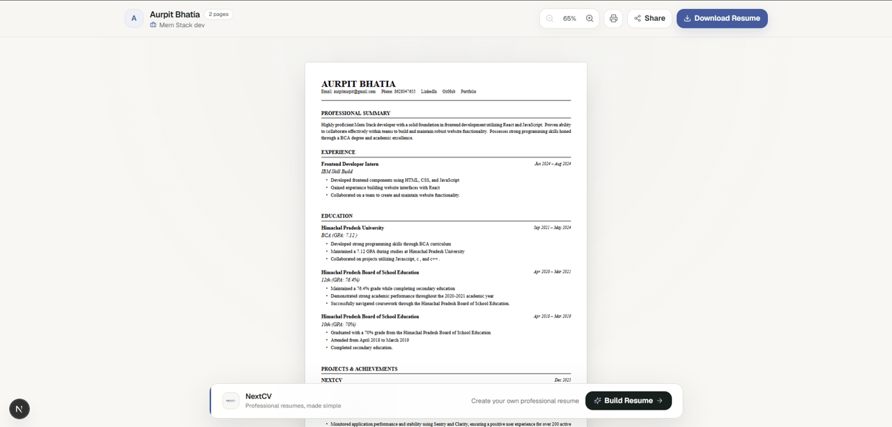 Preview of a NextCV public online resume