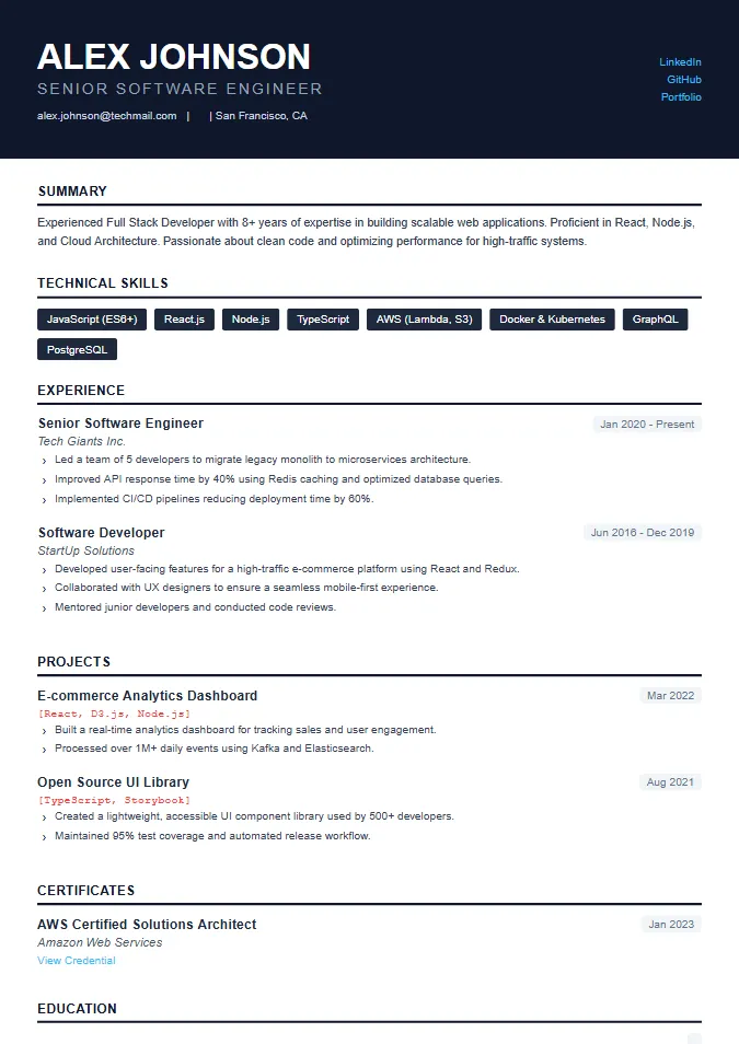 Technology resume layout preview